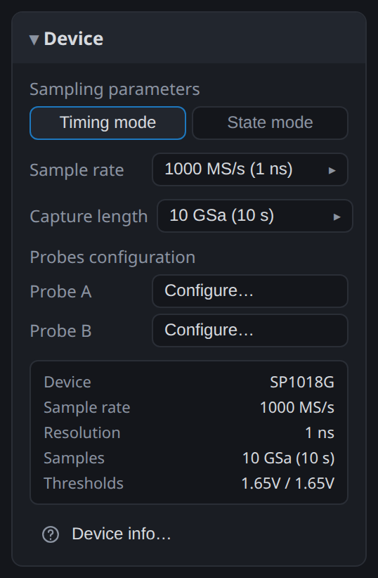 The Device card on an SP1018G