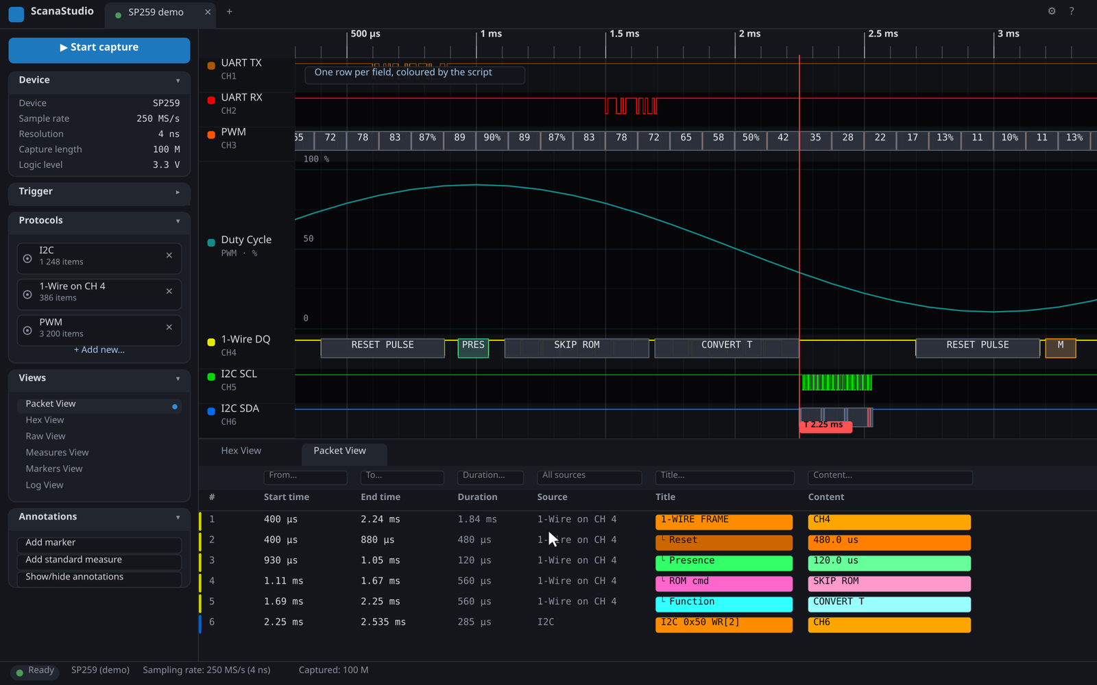 ScanaStudio V6 decoding I2C, 1-Wire and PWM on an SP259, with the Packet view open
