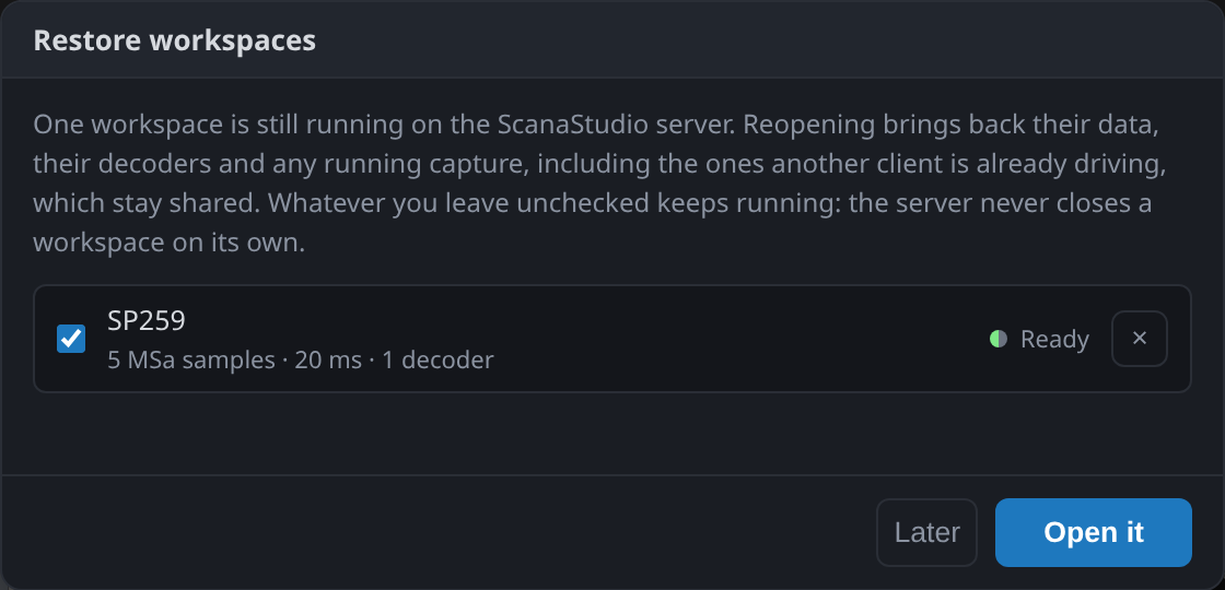 The dialog offering to reopen a workspace still running on the server